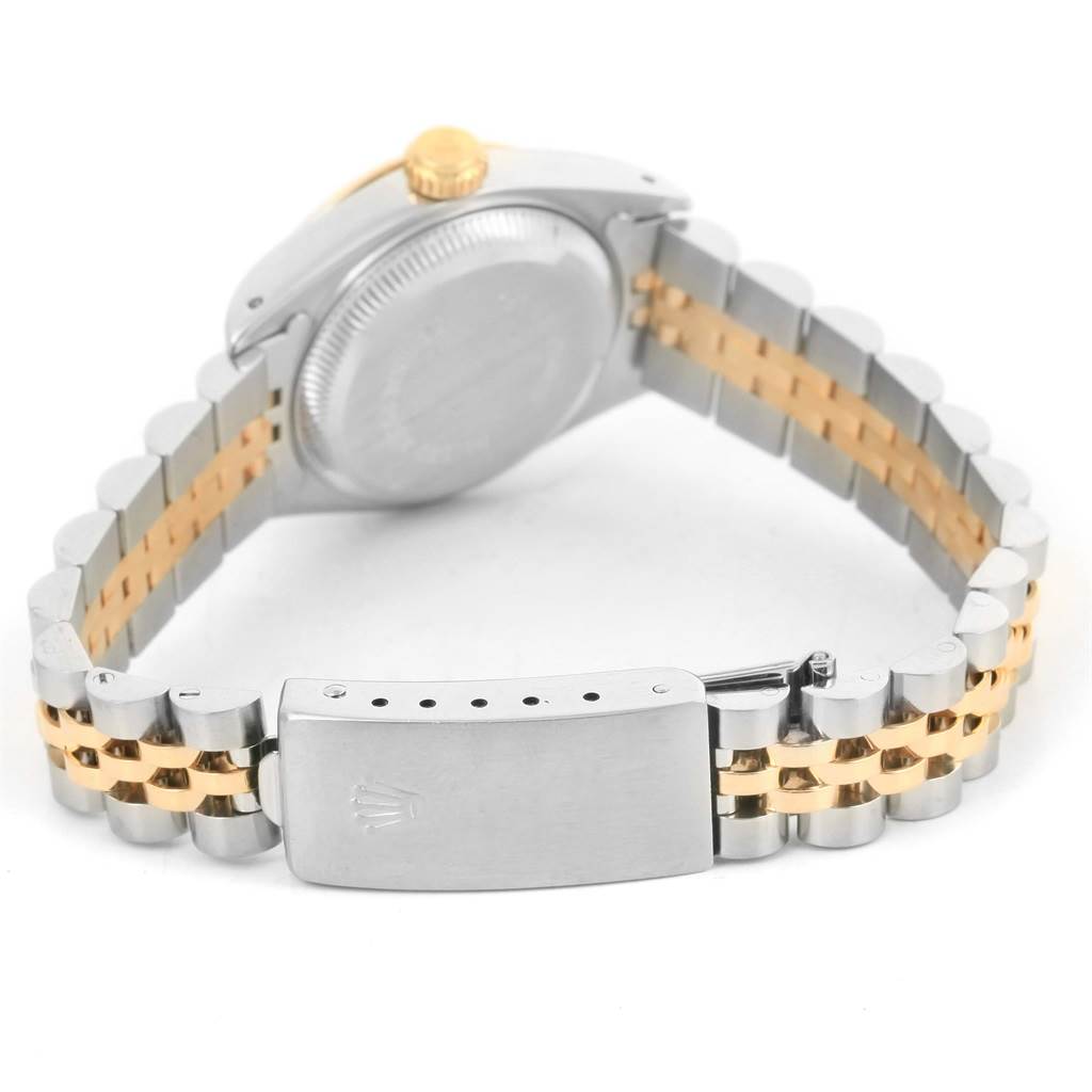 The image shows the back of a Rolex Datejust 69173 Women's Stainless Steel Grey Dial 69173 Women's Stainless Steel Grey Dial watch, highlighting the case back, crown, and the steel and gold bracelet with the clasp.