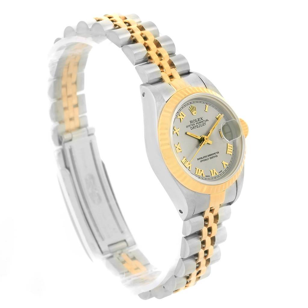 The image shows a side view of a Rolex Datejust 69173 Women's Stainless Steel Grey Dial 69173 Women's Stainless Steel Grey Dial watch, displaying the case, dial, and two-tone bracelet.