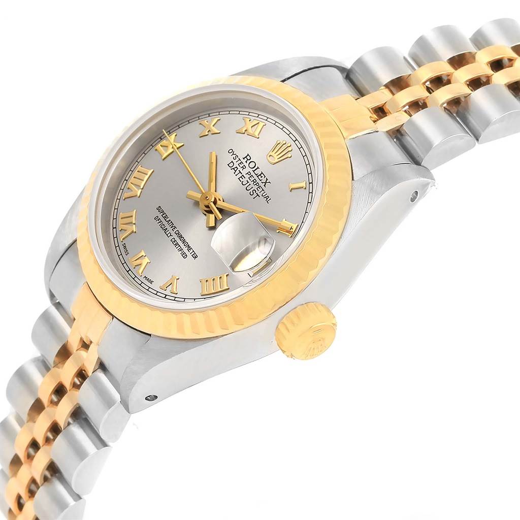 The image shows a side angle of the Rolex Datejust 69173 Women's Stainless Steel Grey Dial 69173 Women's Stainless Steel Grey Dial, highlighting the crown, bezel, dial, and part of the bracelet.