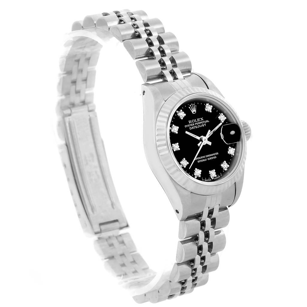 The Rolex 69174 Men
s Stainless Steel Black Dial 69174 Men
s Stainless Steel Black Dial Datejust Ladies Steel White Gold Diamond Watch 69174 is shown at an oblique angle, highlighting its band, watch face, and bezel.