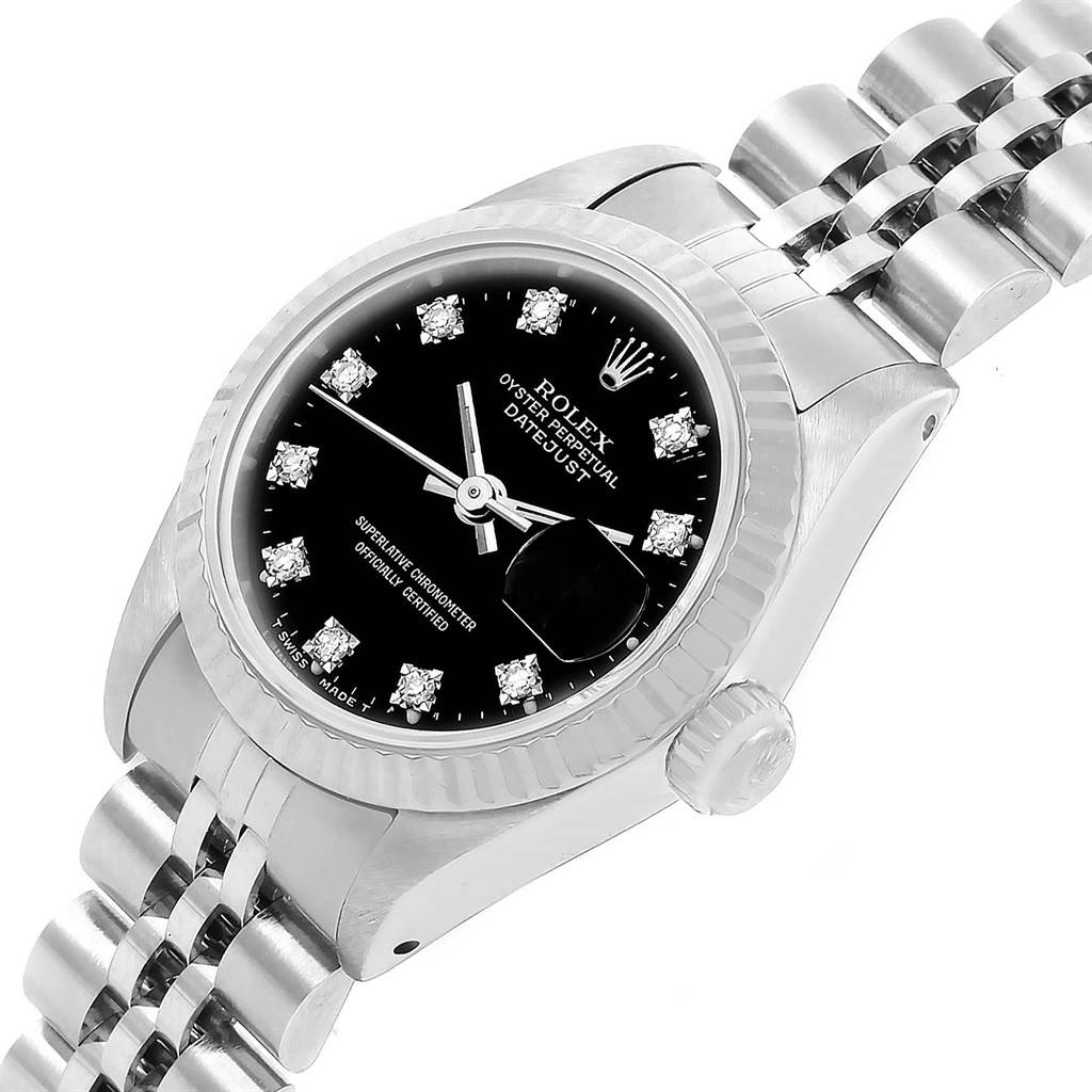 The Rolex 69174 Men
s Stainless Steel Black Dial 69174 Men
s Stainless Steel Black Dial Datejust Ladies Steel White Gold Diamond Watch 69174 Box is shown at a tilted angle, displaying the dial, bezel, crown, and part of the bracelet.