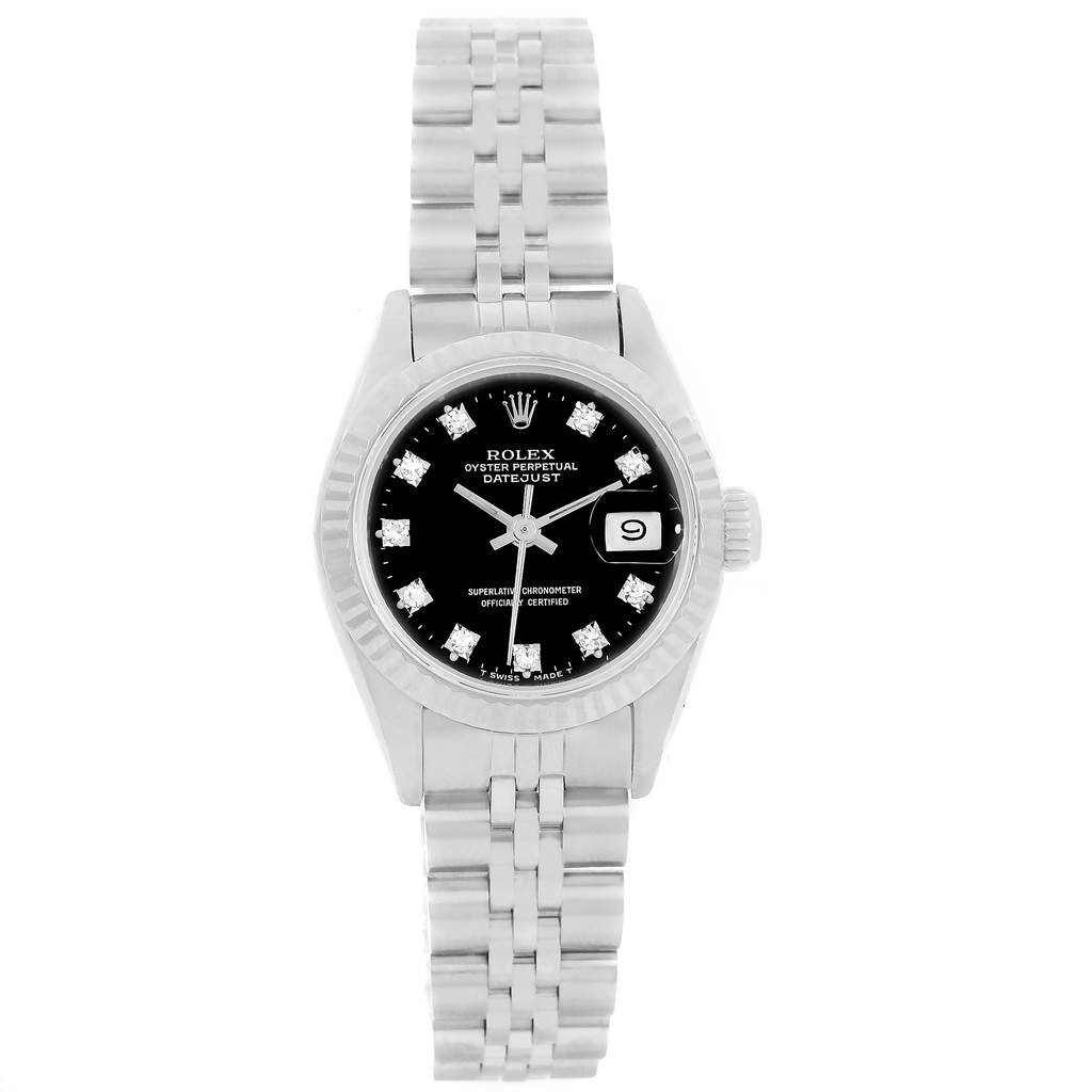 The Rolex 69174 Men
s Stainless Steel Black Dial 69174 Men
s Stainless Steel Black Dial Datejust Ladies Steel White Gold Diamond Watch 69174 Box model is shown from a front angle, displaying its face, bezel, and bracelet.