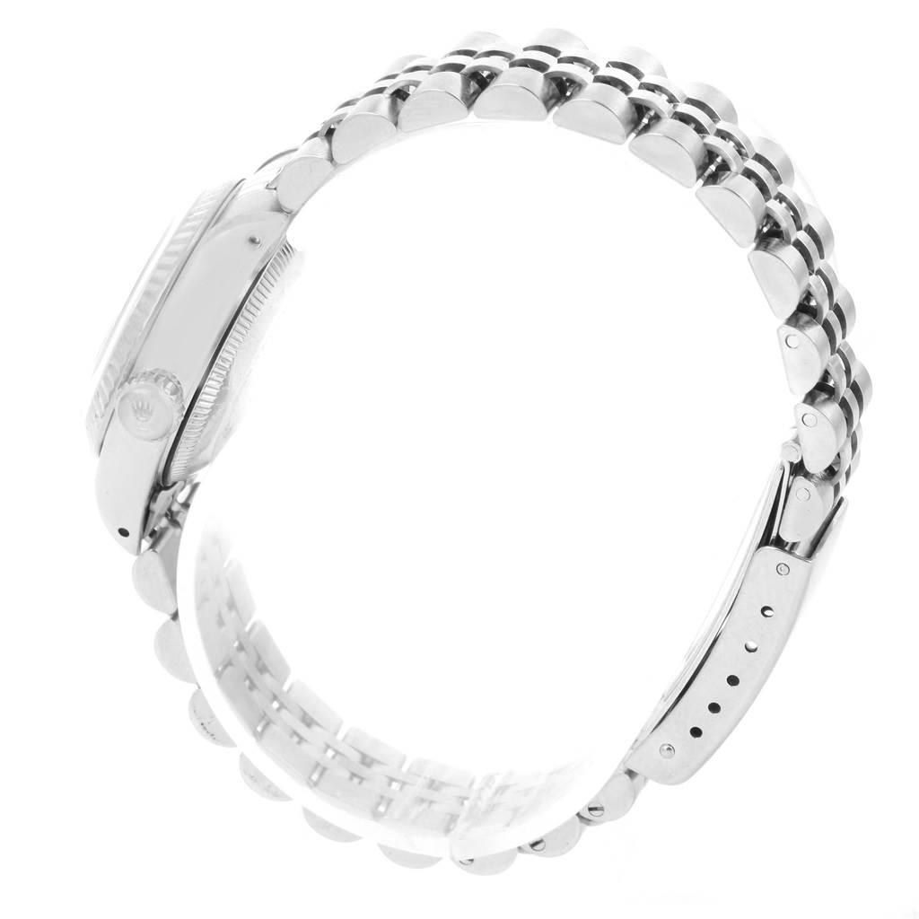 This side view shows the bracelet and crown of the Rolex 69174 Men
s Stainless Steel Black Dial 69174 Men
s Stainless Steel Black Dial Datejust Ladies Steel White Gold Diamond Watch 69174 Box model.