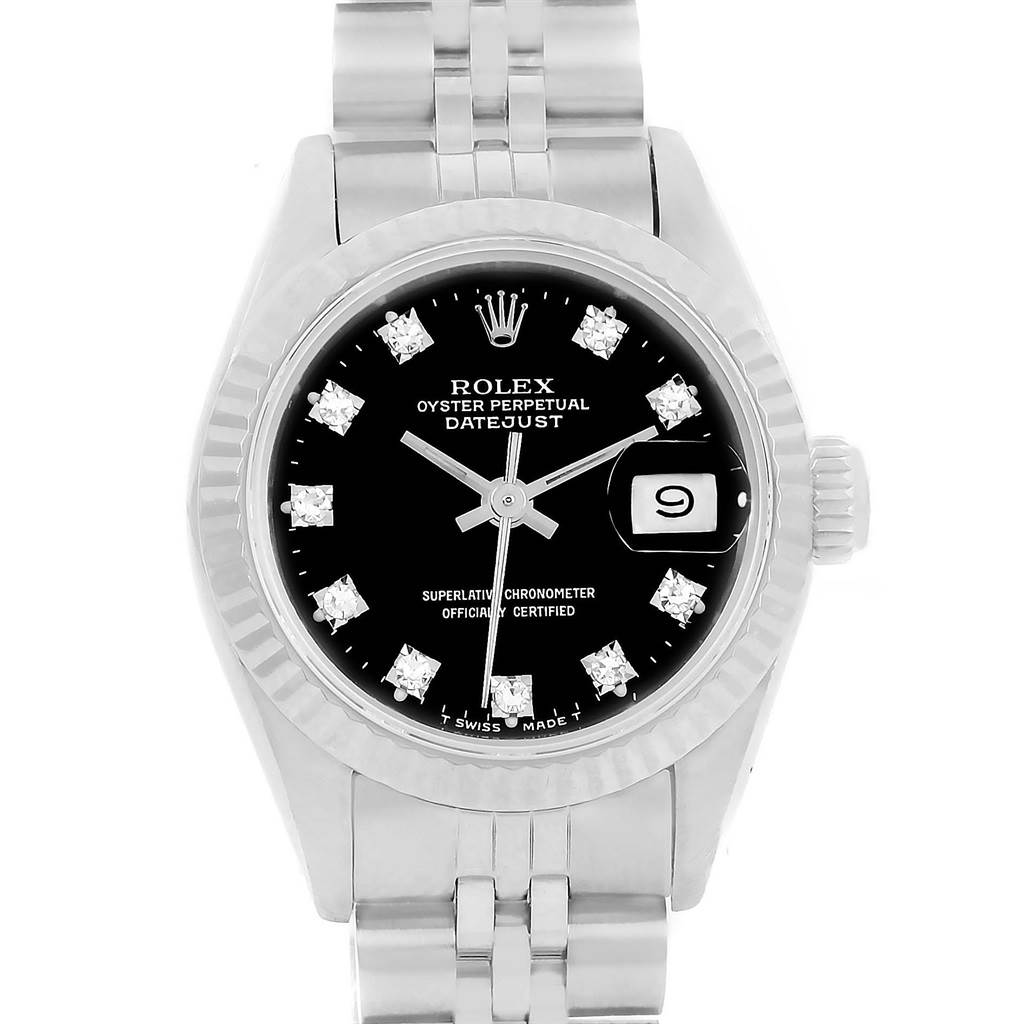 The Rolex 69174 Men
s Stainless Steel Black Dial 69174 Men
s Stainless Steel Black Dial Datejust Ladies Steel White Gold Diamond Watch 69174 is shown from the front, highlighting its dial, bezel, and part of the bracelet.