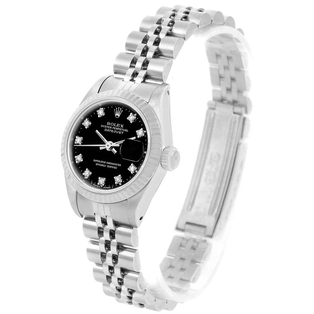 This Rolex 69174 Men
s Stainless Steel Black Dial 69174 Men
s Stainless Steel Black Dial Datejust Ladies Steel White Gold Diamond Watch 69174 Box model is shown at a slight angle, displaying the face, bezel, crown, and bracelet.