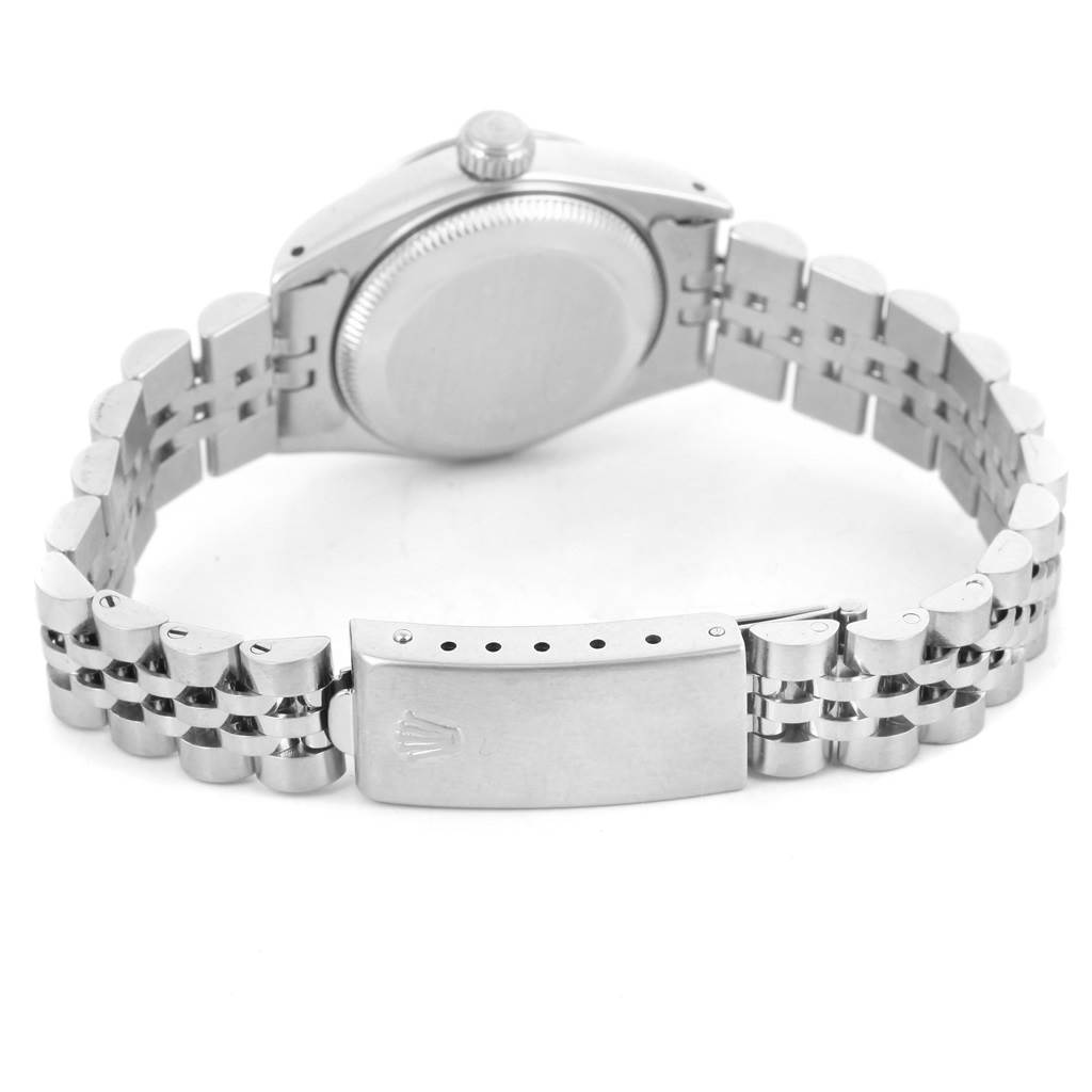 The image shows the back and bracelet of a Rolex 69174 Men
s Stainless Steel Black Dial 69174 Men
s Stainless Steel Black Dial Datejust Ladies Steel White Gold Diamond Watch 69174 Box model.