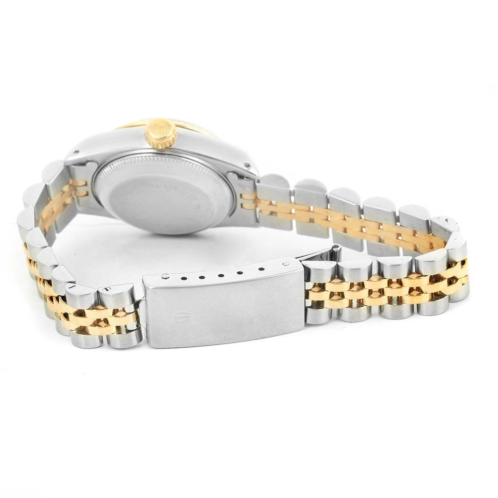 The image shows the back of a Rolex Datejust 69173 Women
s Stainless Steel Champagne Dial 69173 Women
s Stainless Steel Champagne Dial watch, highlighting the case back, bracelet, and clasp from a rear angle.