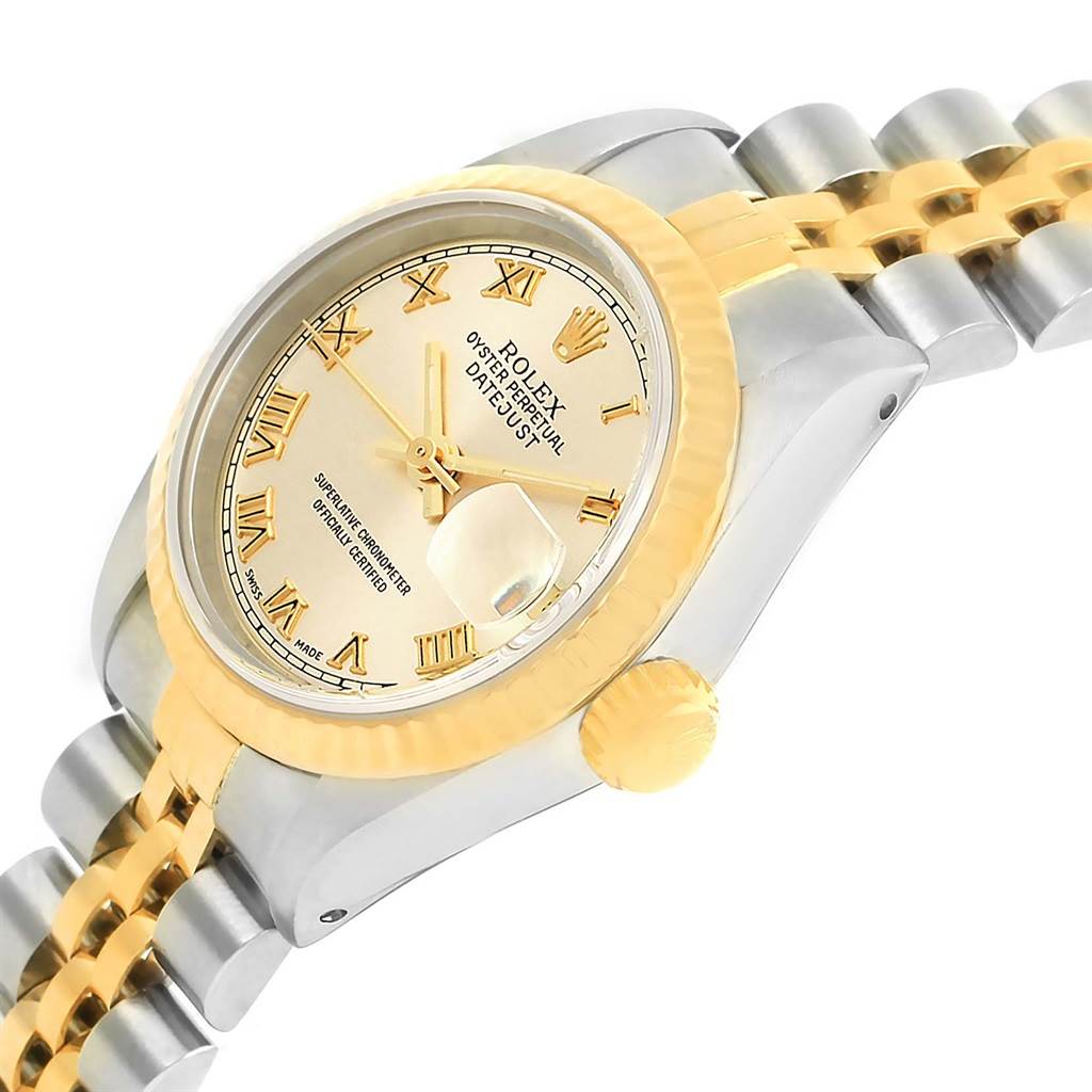 This image shows a close-up, angled view of a Rolex Datejust 69173 Women
s Stainless Steel Champagne Dial 69173 Women
s Stainless Steel Champagne Dial watch, highlighting the dial, bezel, crown, and part of the bracelet.