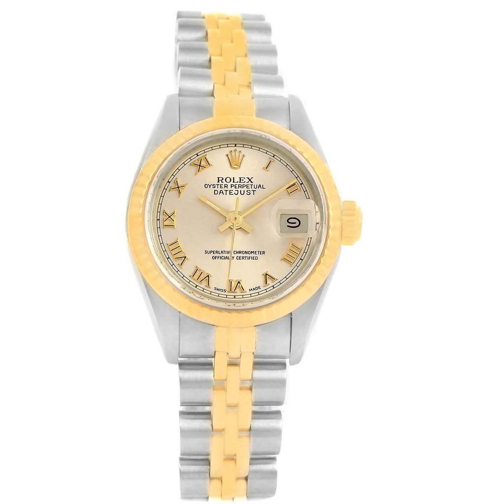 The image shows a front view of a Rolex Datejust 69173 Women
s Stainless Steel Champagne Dial 69173 Women
s Stainless Steel Champagne Dial watch, highlighting its dial, bezel, and two-tone bracelet.