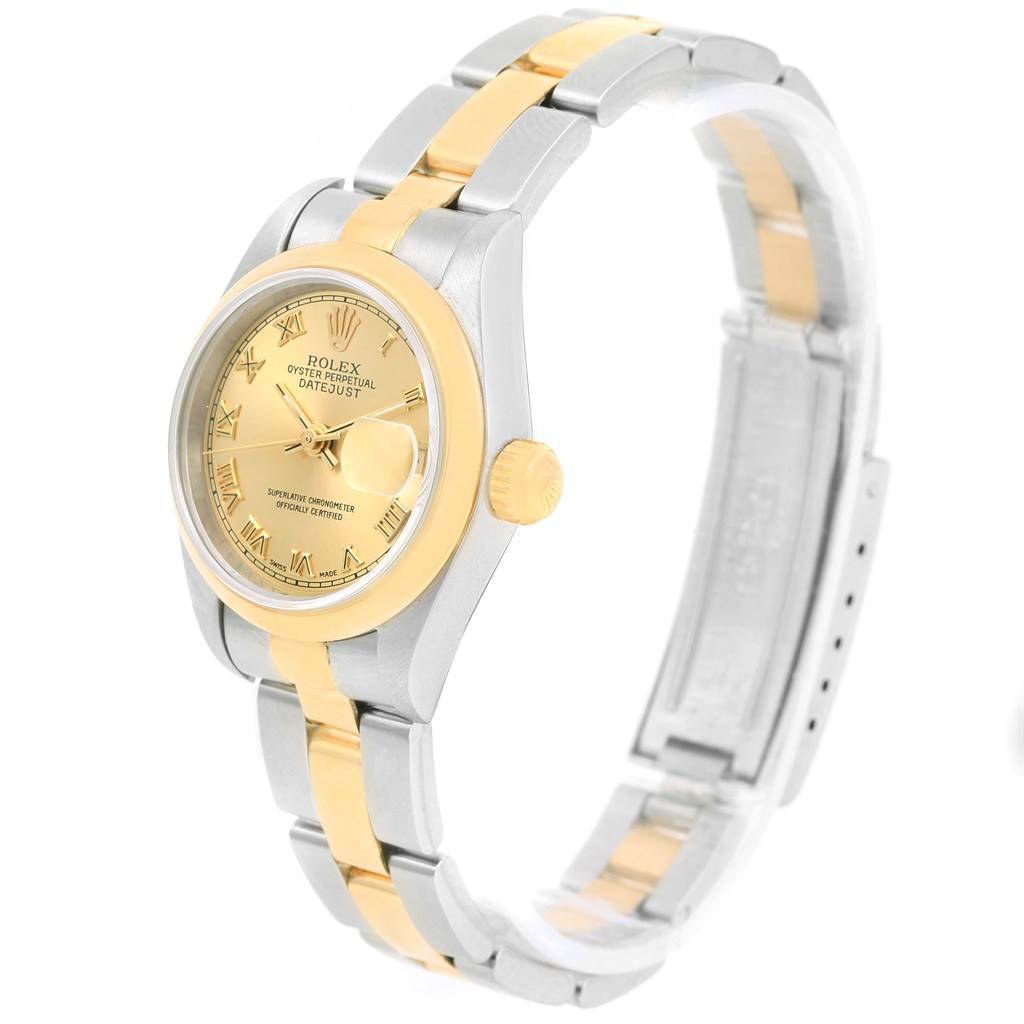 This image shows a front-angle view of a Rolex 69163 Men
s Stainless Steel Champagne Dial 69163 Men
s Stainless Steel Champagne Dial Datejust Ladies Steel 18k Yellow Gold Roman Dial Watch 69163, highlighting the dial and bracelet.