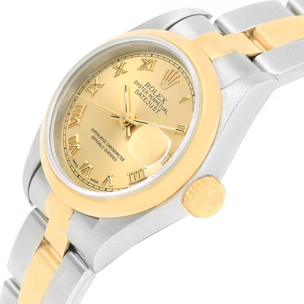 This image shows a side angle of the Rolex 69163 Men
s Stainless Steel Champagne Dial 69163 Men
s Stainless Steel Champagne Dial Datejust Ladies Steel 18k Yellow Gold Roman Dial Watch 69163, highlighting the dial, bezel, and crown.