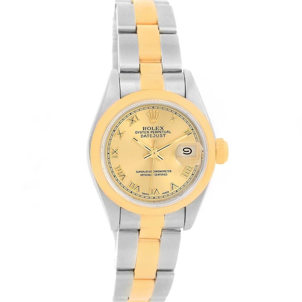 This image shows a front view of the Rolex 69163 Men
s Stainless Steel Champagne Dial 69163 Men
s Stainless Steel Champagne Dial Datejust Ladies Steel 18k Yellow Gold Roman Dial Watch 69163 model.