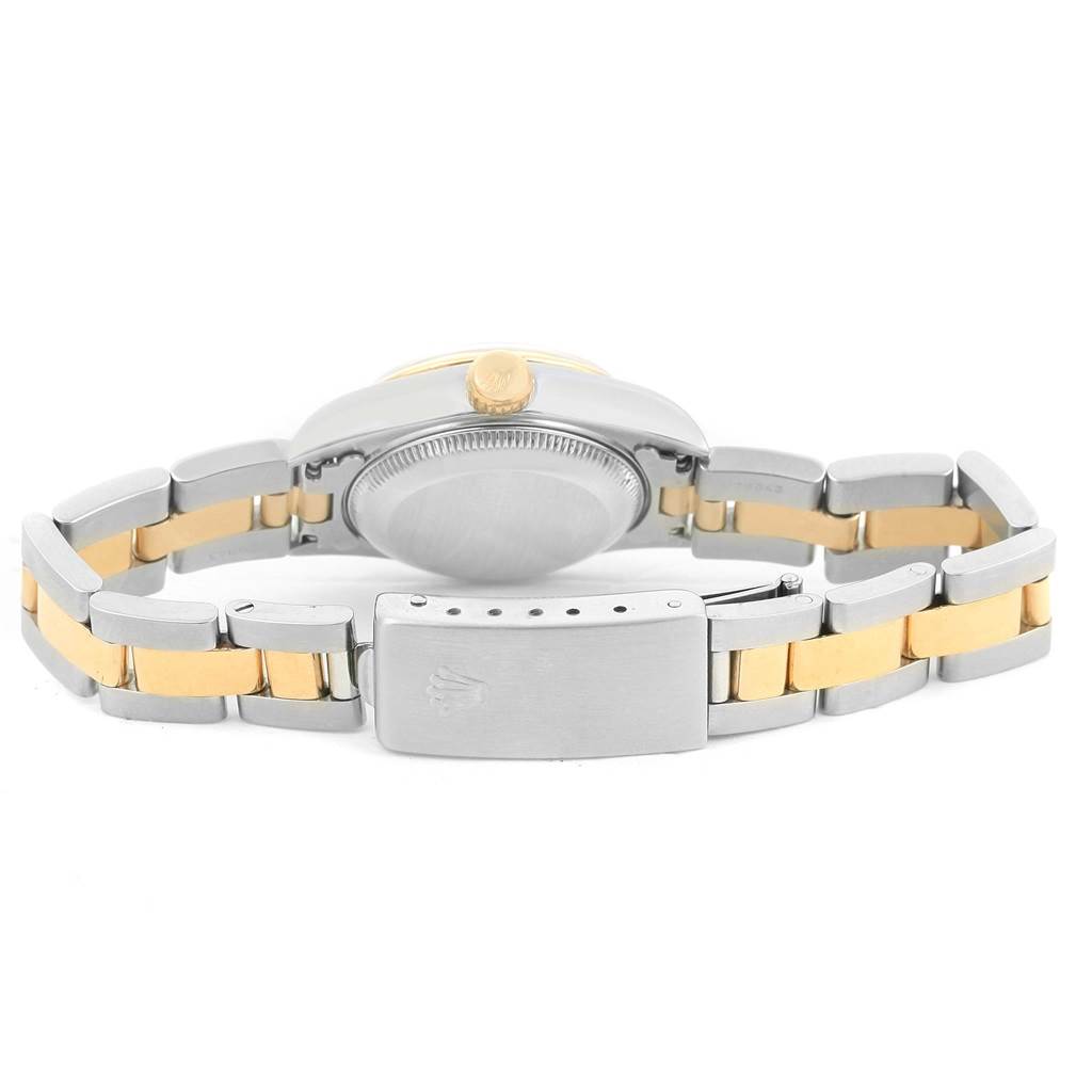 The image shows the back view and clasp of the bracelet of the Rolex 69163 Men
s Stainless Steel Champagne Dial 69163 Men
s Stainless Steel Champagne Dial Datejust Ladies Steel 18k Yellow Gold Roman Dial Watch 69163 model.