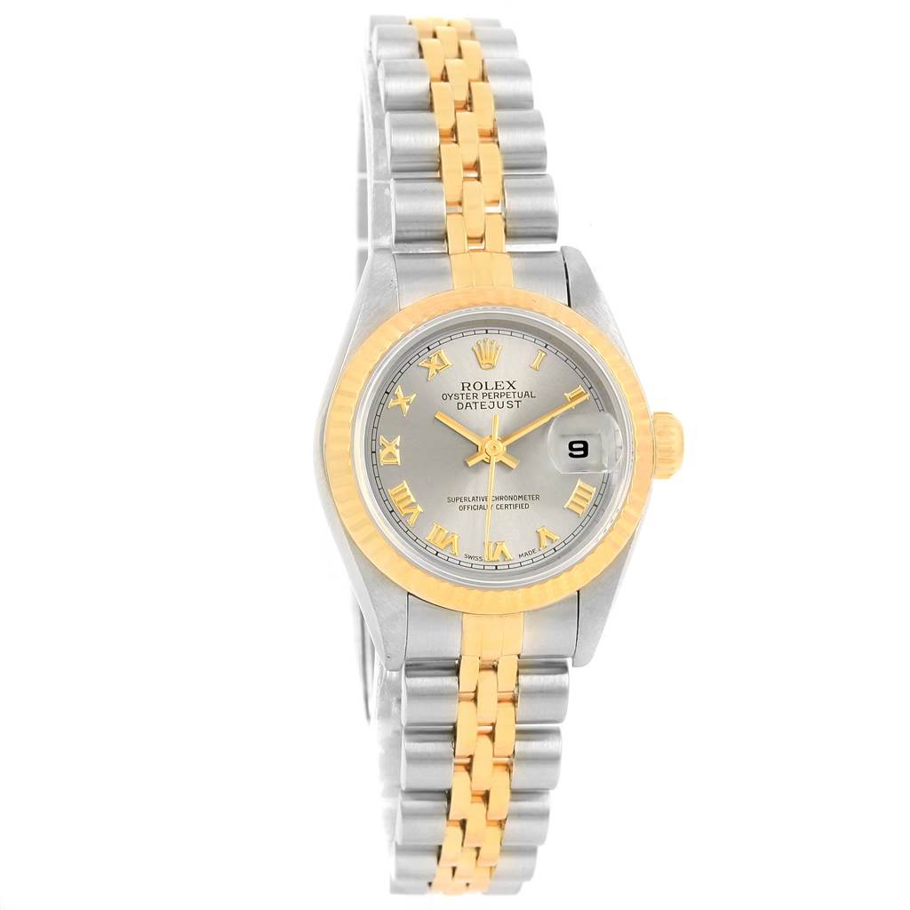 This image shows a front view of a Rolex Datejust 69173 Women
s Stainless Steel Grey Dial 69173 Women
s Stainless Steel Grey Dial watch with a two-tone silver and gold bracelet.