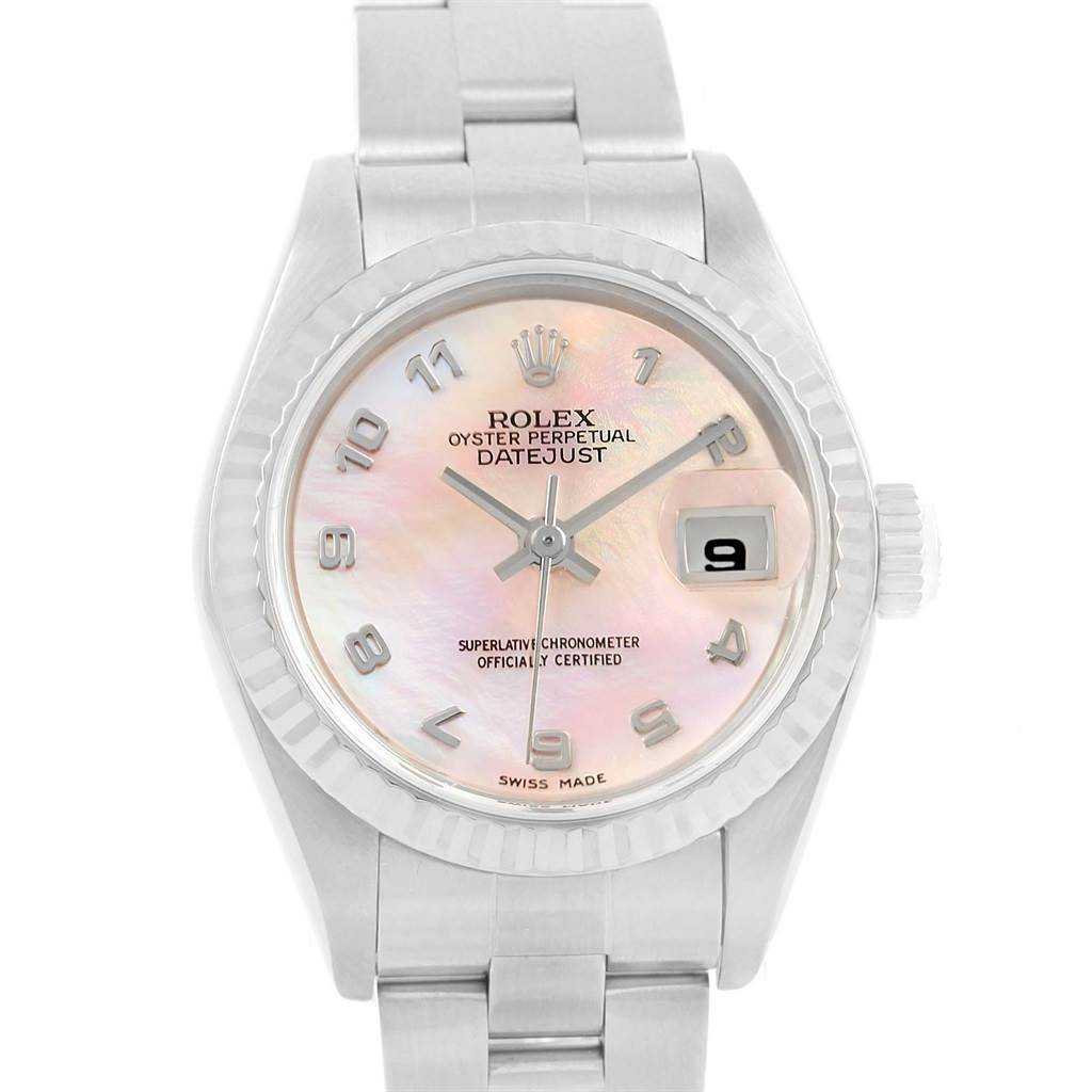 The image shows a Rolex Datejust 79174 Women's Stainless Steel Mother of Pearl Dial 79174 Women's Stainless Steel Mother of Pearl Dial watch from a front angle, highlighting its dial, bezel, and part of the bracelet.