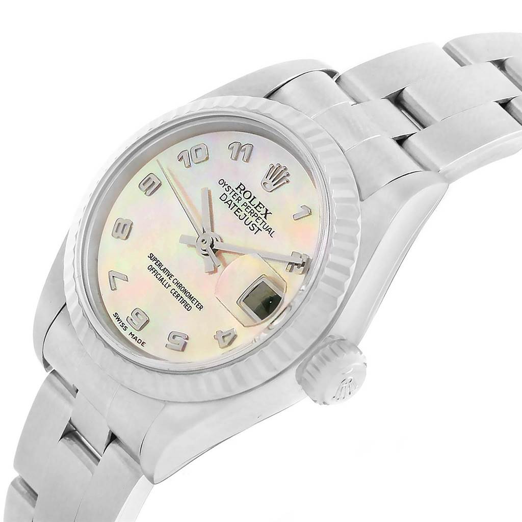 This image shows a side angle view of a Rolex Datejust 79174 Women's Stainless Steel Mother of Pearl Dial 79174 Women's Stainless Steel Mother of Pearl Dial, highlighting the dial, crown, and part of the bracelet.