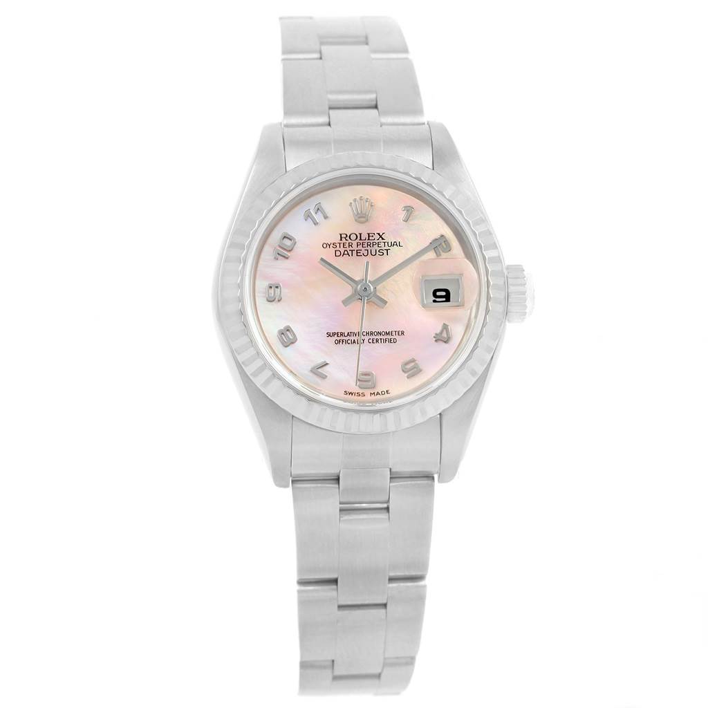 The image shows a full frontal view of a Rolex Datejust 79174 Women's Stainless Steel Mother of Pearl Dial 79174 Women's Stainless Steel Mother of Pearl Dial watch, highlighting the dial, bezel, bracelet, and date display.