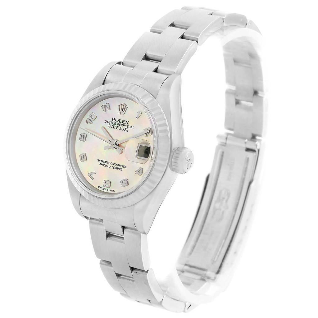 This image shows a Rolex Datejust 79174 Women's Stainless Steel Mother of Pearl Dial 79174 Women's Stainless Steel Mother of Pearl Dial watch at a three-quarter angle, highlighting its face, bracelet, and clasp.