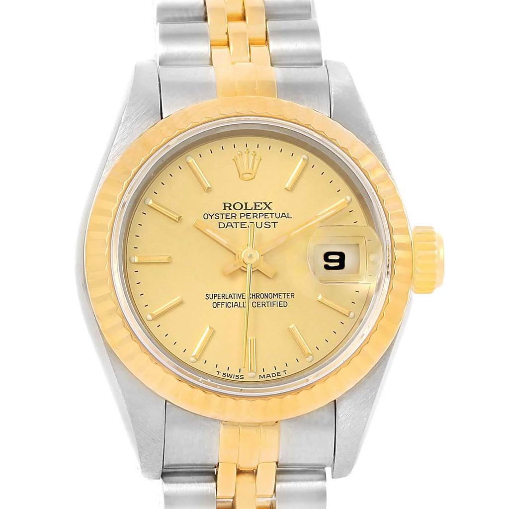 This image shows the front view of the Rolex Datejust 69173 Women's Stainless Steel Champagne Dial 69173 Women's Stainless Steel Champagne Dial watch, highlighting its yellow-gold dial, bezel, and bracelet.
