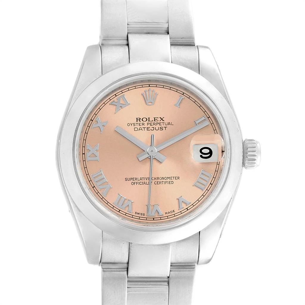 The image shows a frontal view of a Rolex Datejust 178240 Women
s Stainless Steel Pink Dial 178240 Women
s Stainless Steel Pink Dial watch with a pink dial and silver Roman numerals.