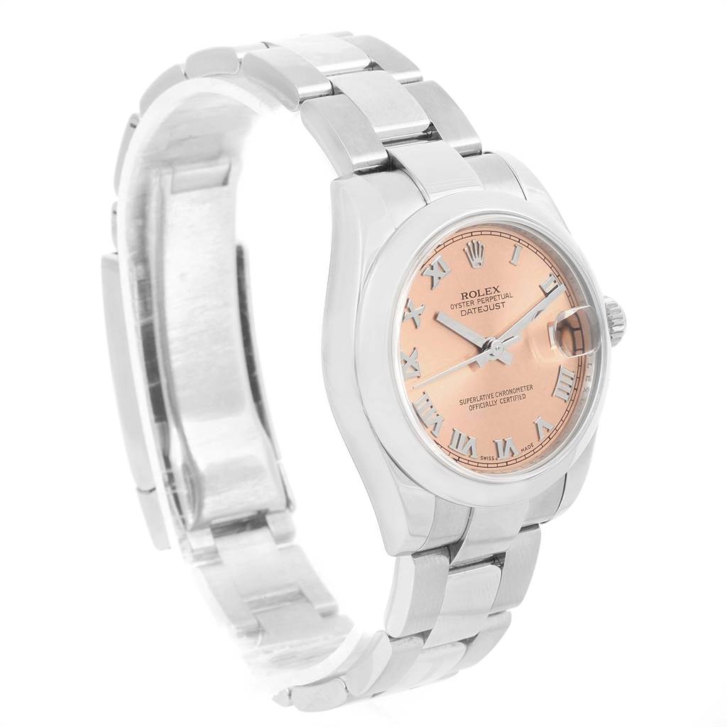 This image shows a Rolex Datejust 178240 Women
s Stainless Steel Pink Dial 178240 Women
s Stainless Steel Pink Dial watch at a three-quarter angle, showcasing the dial, case, and partially open bracelet.