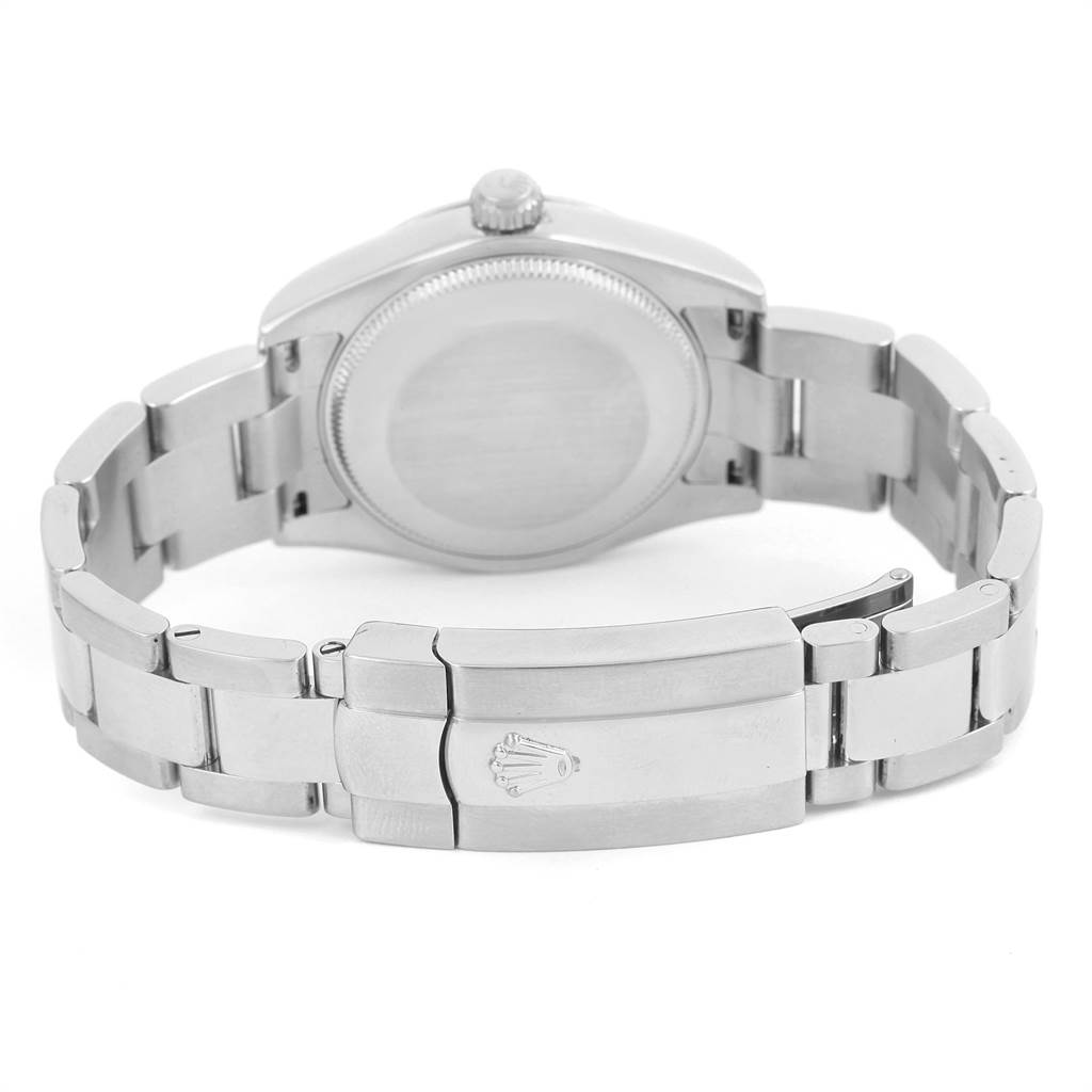 The image shows the back view of a Rolex Datejust 178240 Women
s Stainless Steel Pink Dial 178240 Women
s Stainless Steel Pink Dial watch, featuring its caseback, crown, and bracelet with clasp.