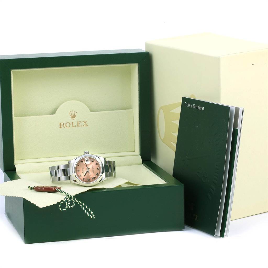 The Rolex Datejust 178240 Women
s Stainless Steel Pink Dial 178240 Women
s Stainless Steel Pink Dial watch is shown in a presentation box along with its booklets and tags, viewed from the front.