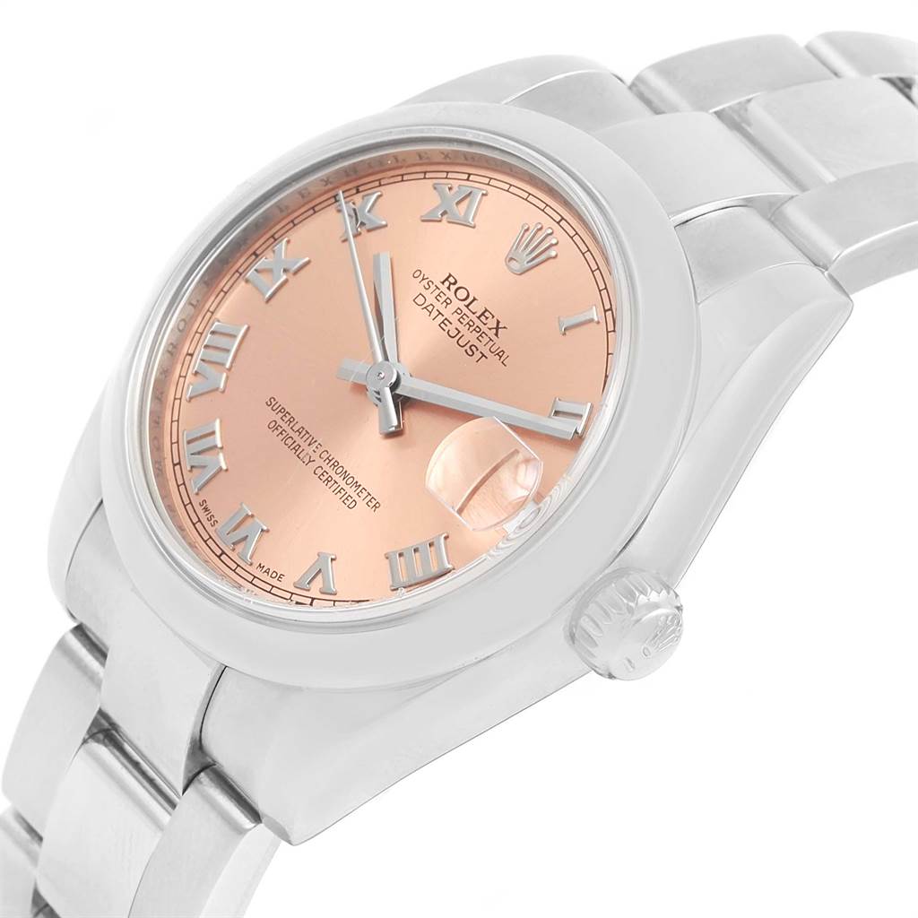 The image shows a Rolex Datejust 178240 Women
s Stainless Steel Pink Dial 178240 Women
s Stainless Steel Pink Dial watch from a front-angle view, highlighting its dial, case, bezel, and part of the bracelet.