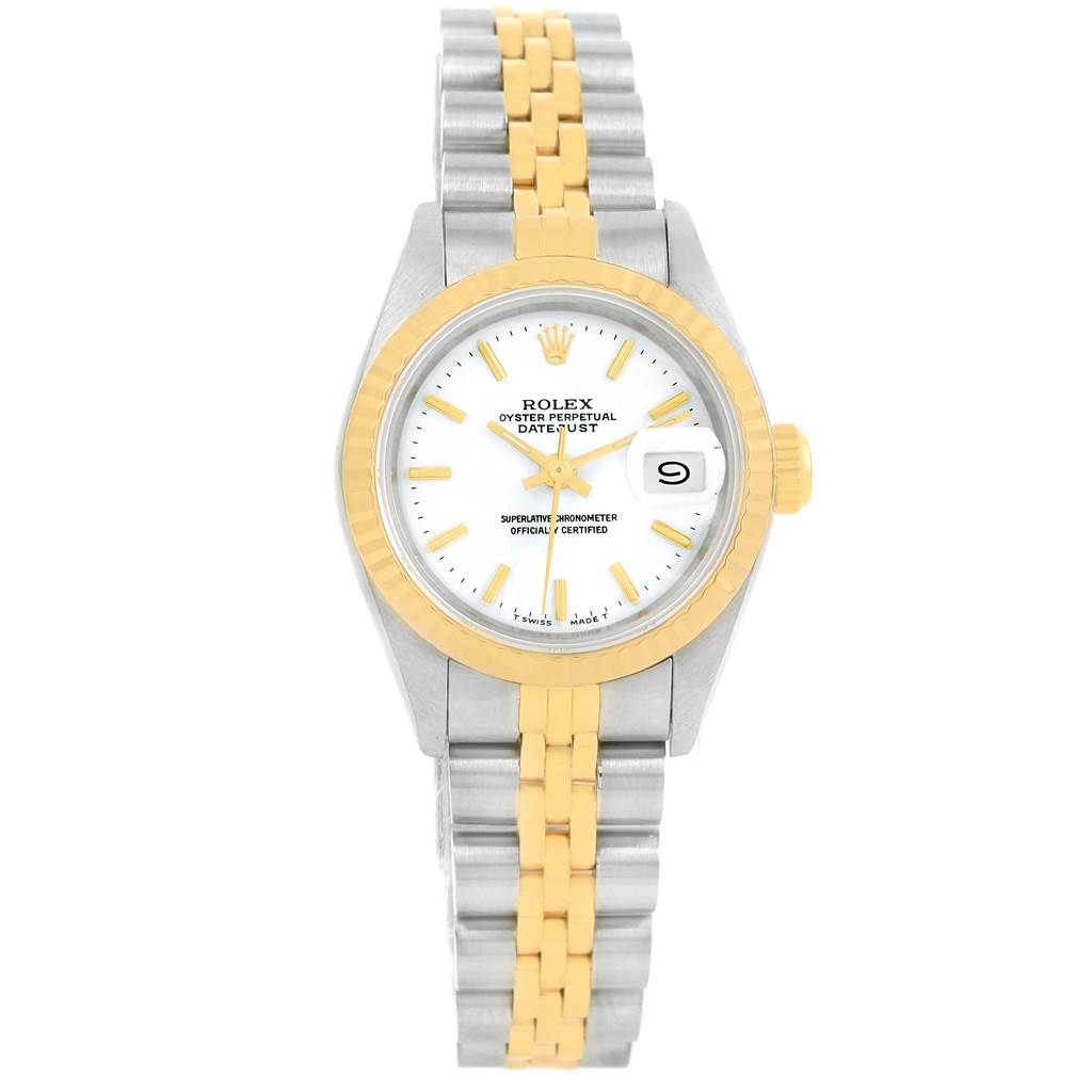 The Rolex Datejust 69173 Women's Stainless Steel White Dial 69173 Women's Stainless Steel White Dial watch is shown from a front angle, displaying its dial, bezel, and bracelet.