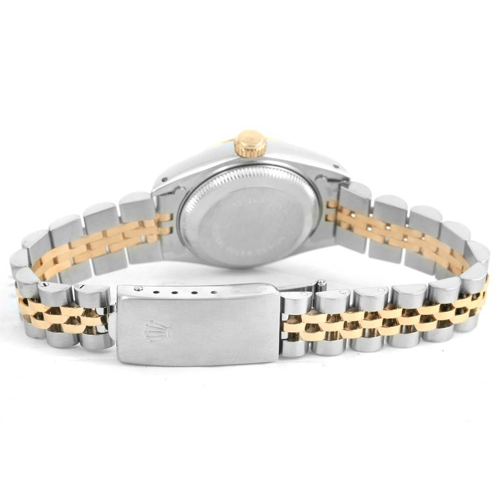This image shows the back view of a Rolex Datejust 69173 Women's Stainless Steel White Dial 69173 Women's Stainless Steel White Dial watch, highlighting the case back, crown, and two-tone Jubilee bracelet with a clasp.