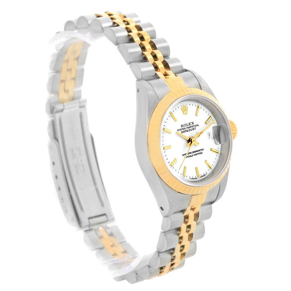 The Rolex Datejust 69173 Women's Stainless Steel White Dial 69173 Women's Stainless Steel White Dial watch is shown at an angled side view, highlighting its face, bezel, and two-tone bracelet.