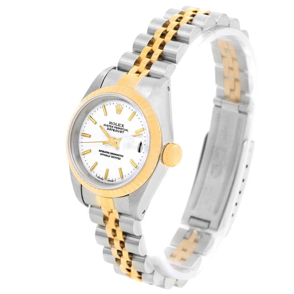 The image shows a side view of a Rolex Datejust 69173 Women's Stainless Steel White Dial 69173 Women's Stainless Steel White Dial watch, highlighting the two-tone bracelet and white dial.
