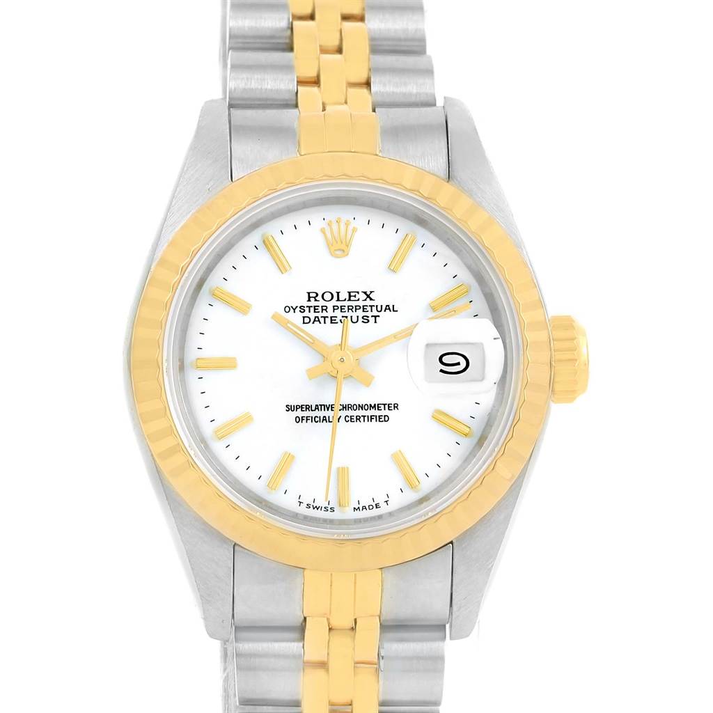 This Rolex Datejust 69173 Women's Stainless Steel White Dial 69173 Women's Stainless Steel White Dial watch is displayed from the front, showcasing its dial, bezel, and bracelet.