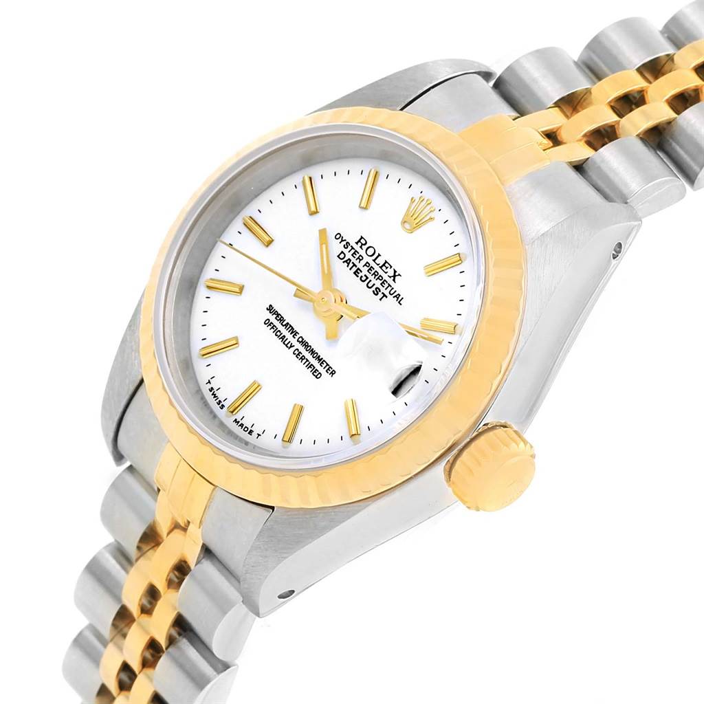 The image displays the dial, crown, bezel, and part of the bracelet of the Rolex Datejust 69173 Women's Stainless Steel White Dial 69173 Women's Stainless Steel White Dial watch at an angled view.