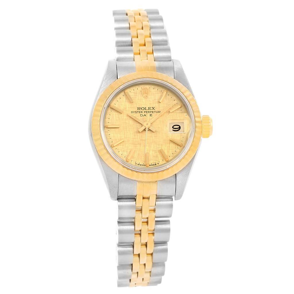 The image shows a Rolex Datejust 69173 Women
s Stainless Steel Champagne Dial 69173 Women
s Stainless Steel Champagne Dial watch from a front angle, featuring its dial, bezel, and bracelet.