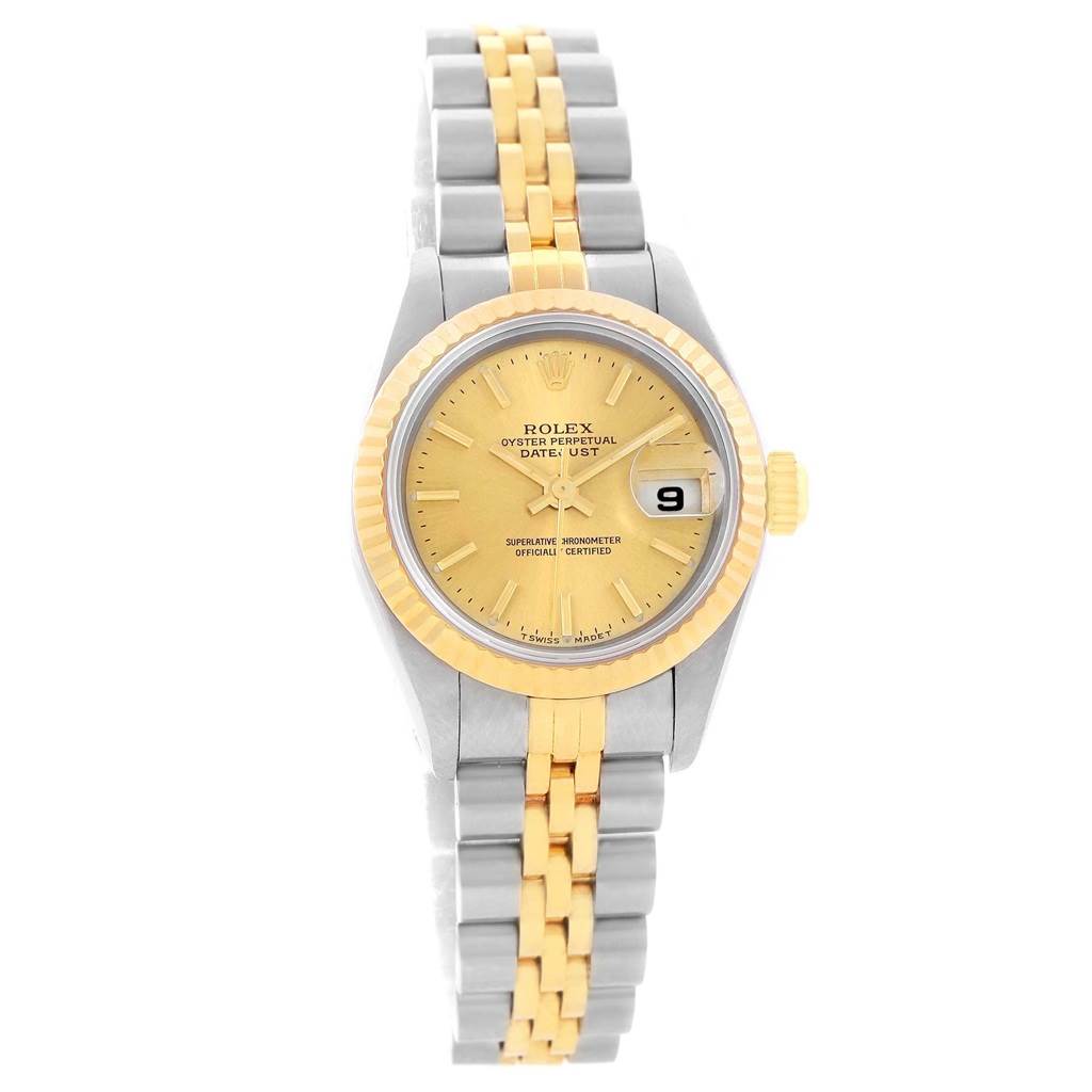 The Rolex Datejust 69173 Women
s Stainless Steel Champagne Dial 69173 Women
s Stainless Steel Champagne Dial watch is shown from a front angle, displaying its face, date window, bezel, and two-tone bracelet.