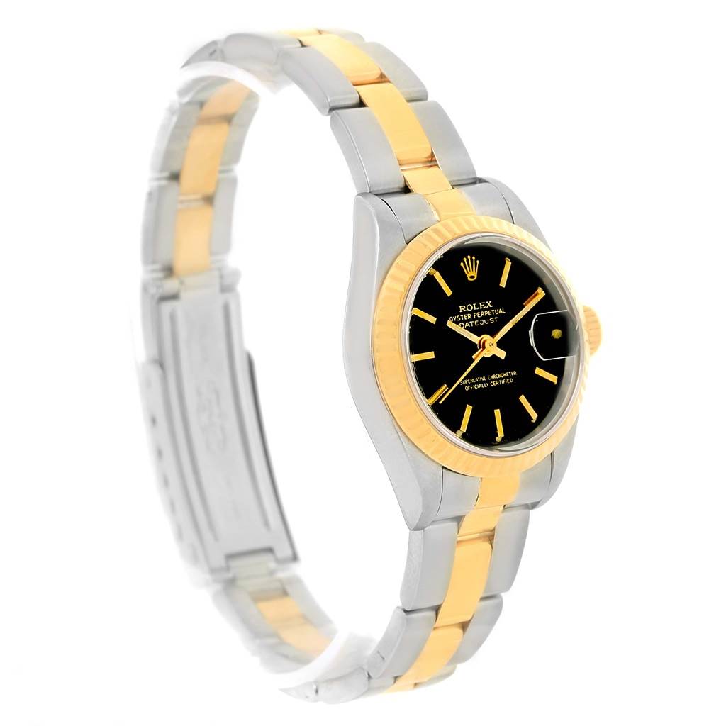 This image shows a side angle of a Rolex Datejust 69173 Women
s Stainless Steel Black Dial 69173 Women
s Stainless Steel Black Dial watch, highlighting its two-tone metal bracelet and black dial.