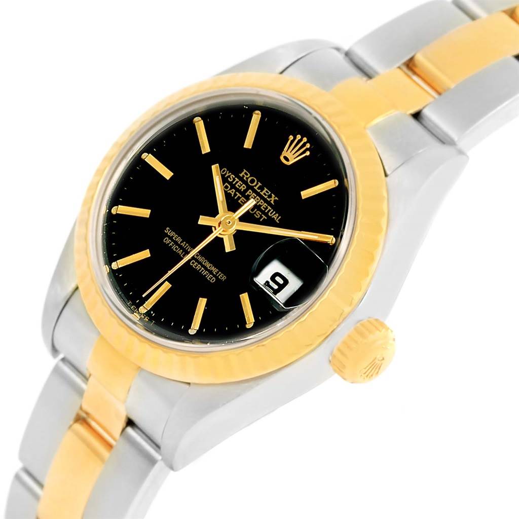 This image shows a Rolex Datejust 69173 Women
s Stainless Steel Black Dial 69173 Women
s Stainless Steel Black Dial watch angled to display the dial, bezel, crown, and part of the bracelet.