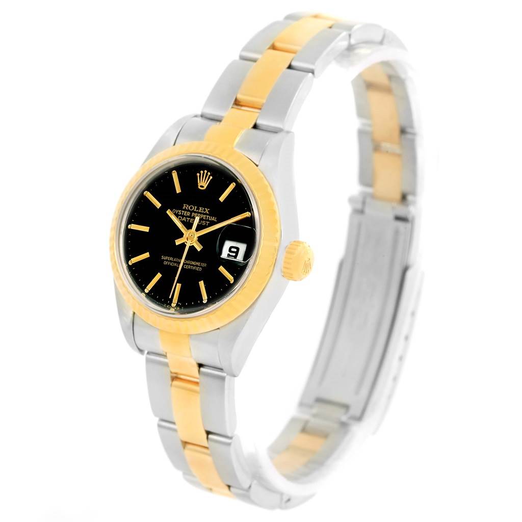 The Rolex Datejust 69173 Women
s Stainless Steel Black Dial 69173 Women
s Stainless Steel Black Dial watch is shown at a front angle with a two-tone bracelet and black dial.