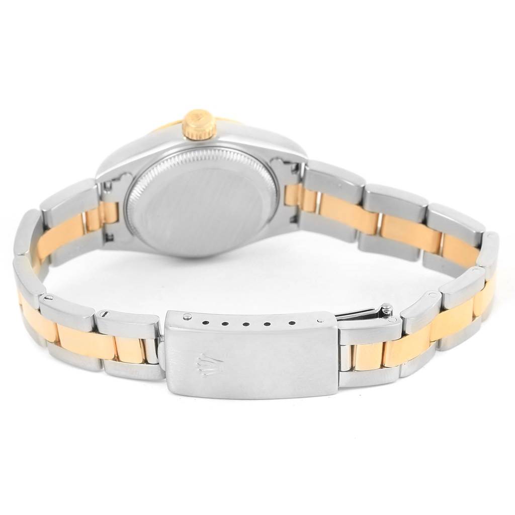 The image shows the back case and bracelet of a Rolex Datejust 69173 Women
s Stainless Steel Black Dial 69173 Women
s Stainless Steel Black Dial watch, highlighting the two-tone metal design.