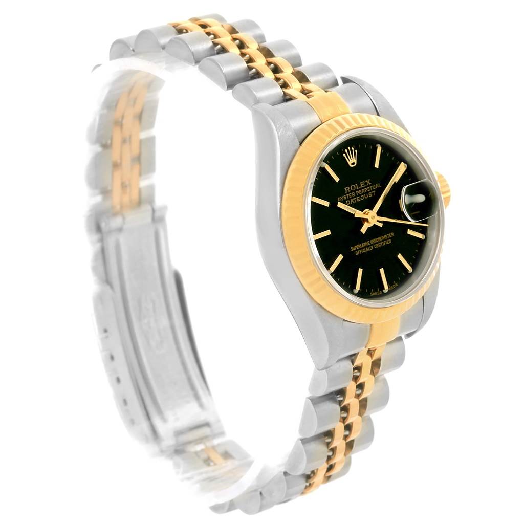 This Rolex Datejust 69173 Women's Stainless Steel Black Dial 69173 Women's Stainless Steel Black Dial model is shown from an oblique angle, highlighting the case, bezel, dial, and two-tone bracelet.