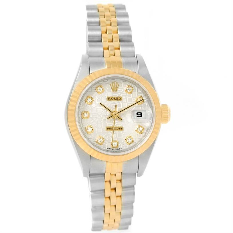 The image shows a frontal view of the Rolex Datejust 79173 Women
s Stainless Steel Silver Dial 79173 Women
s Stainless Steel Silver Dial watch, displaying the dial, bezel, case, and bracelet.