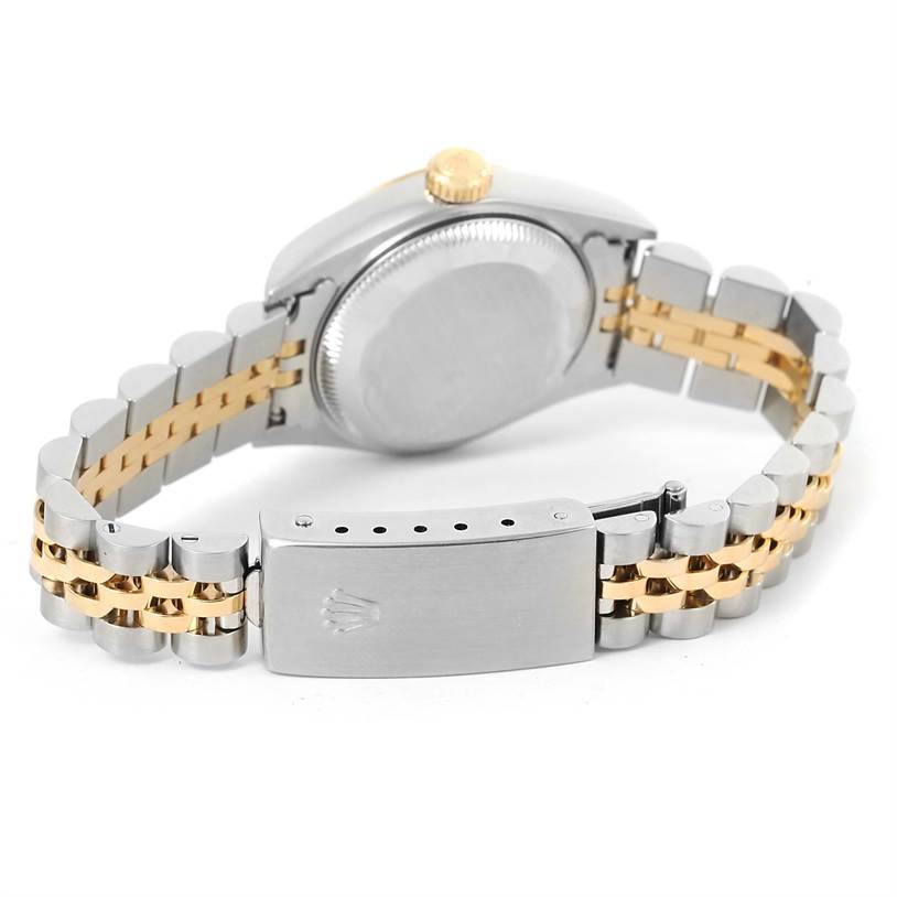 This image shows the back case, crown, and bracelet of a Rolex Datejust 79173 Women
s Stainless Steel Silver Dial 79173 Women
s Stainless Steel Silver Dial watch, including the two-tone Jubilee bracelet and clasp.