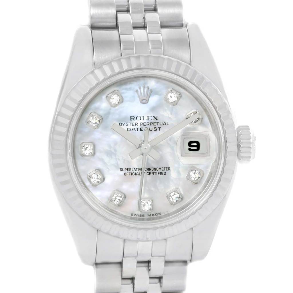 The image shows a close-up front view of a Rolex Datejust 179174 Women
s Stainless Steel Mother of Pearl Dial 179174 Women
s Stainless Steel Mother of Pearl Dial watch, highlighting the dial, bezel, and bracelet. 