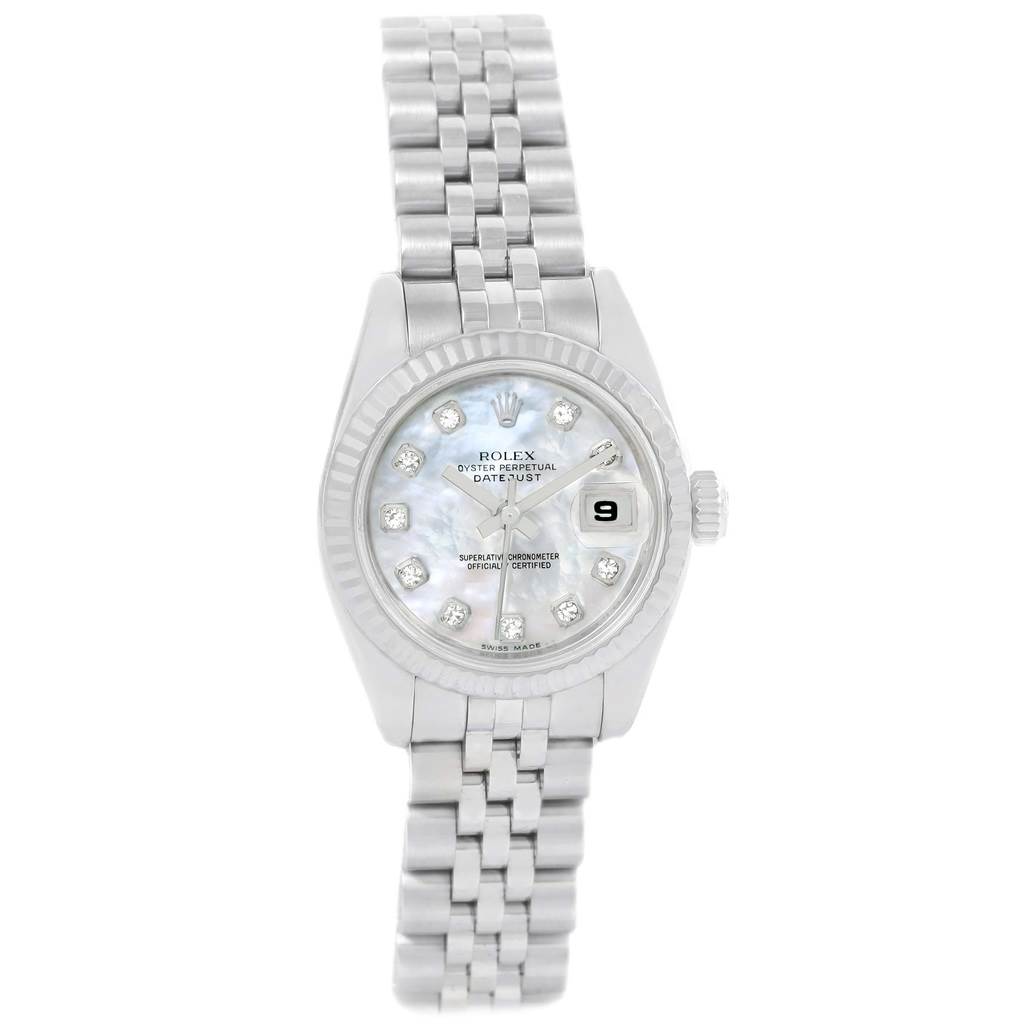 This image shows a Rolex Datejust 179174 Women
s Stainless Steel Mother of Pearl Dial 179174 Women
s Stainless Steel Mother of Pearl Dial watch from a top-down angle, showcasing its face and bracelet.