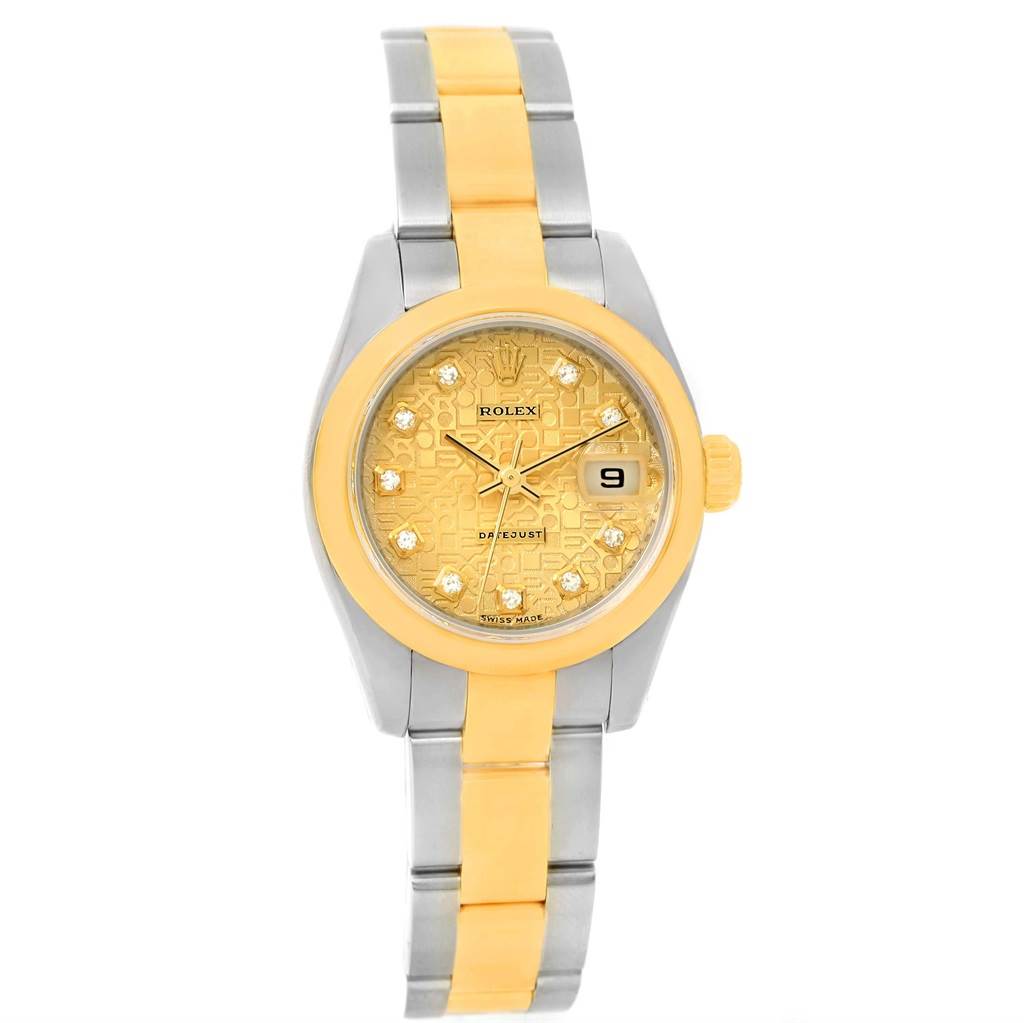 The image shows a front view of a Rolex Datejust 179163 Women's Steel and Gold (two tone) Champagne Dial 179163 Women's Steel and Gold (two tone) Champagne Dial watch, highlighting its gold and silver bracelet and date display.