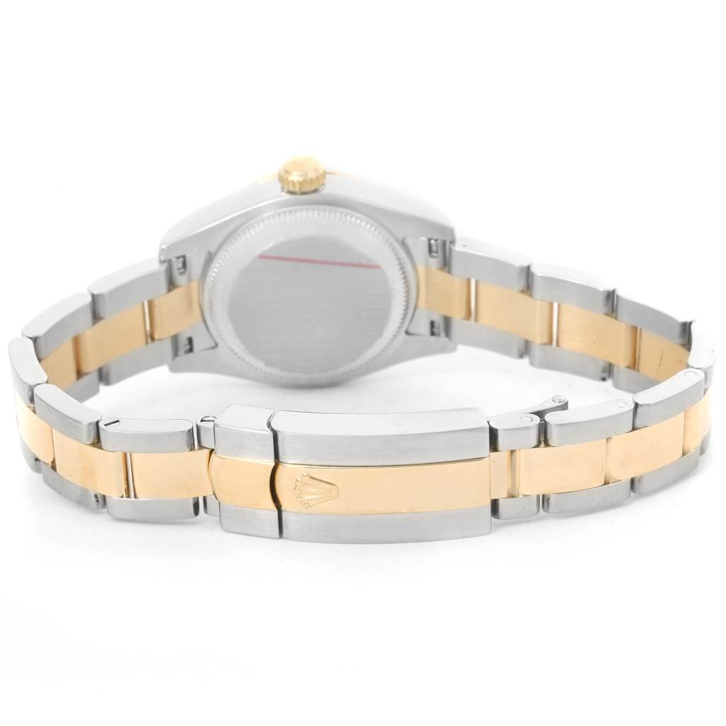 The image shows the back view of a Rolex Datejust 179163 Women's Steel and Gold (two tone) Champagne Dial 179163 Women's Steel and Gold (two tone) Champagne Dial watch, focusing on its two-tone bracelet and clasp.