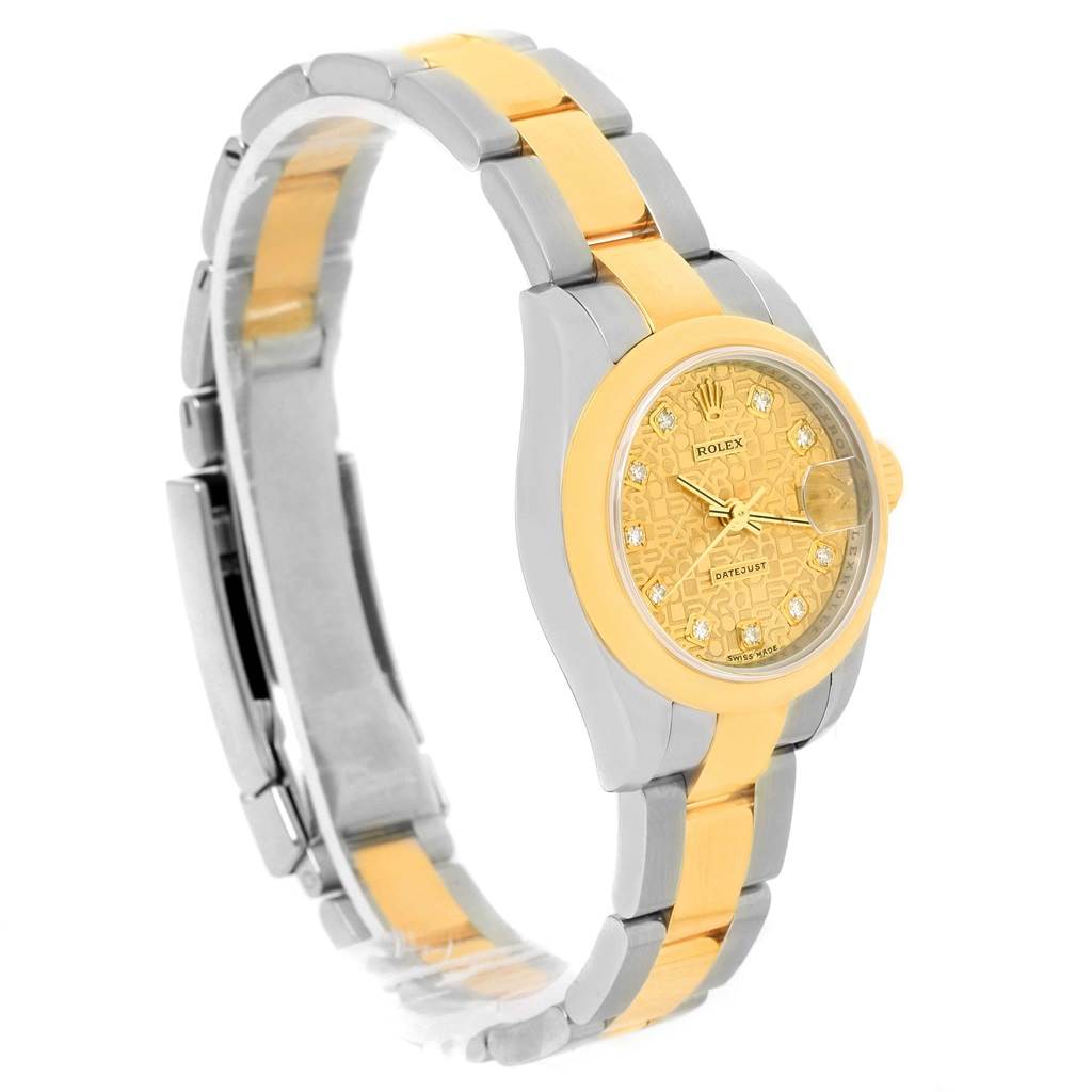 This image shows a Rolex Datejust 179163 Women's Steel and Gold (two tone) Champagne Dial 179163 Women's Steel and Gold (two tone) Champagne Dial watch at a three-quarter angle, highlighting its two-tone metal bracelet and gold dial.