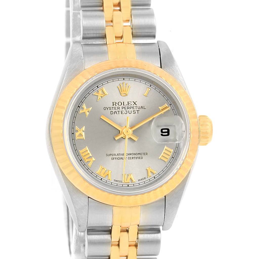 The image shows a frontal view of a Rolex Datejust 69173 Women's Stainless Steel Grey Dial 69173 Women's Stainless Steel Grey Dial watch, highlighting its two-tone bracelet, bezel, and dial with Roman numerals and date window.