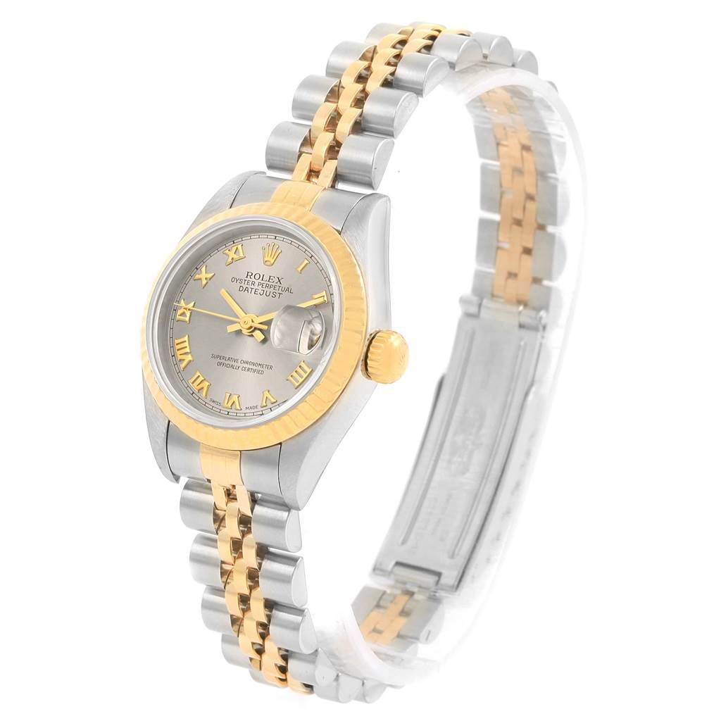 This Rolex Datejust 69173 Women's Stainless Steel Grey Dial 69173 Women's Stainless Steel Grey Dial watch is shown at an angle displaying its face, two-tone bracelet, bezel, and crown.